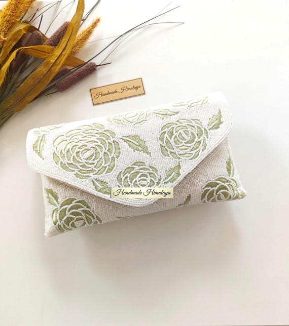 Pastel Green Floral Beaded Clutch | White Wedding Bridal Purse