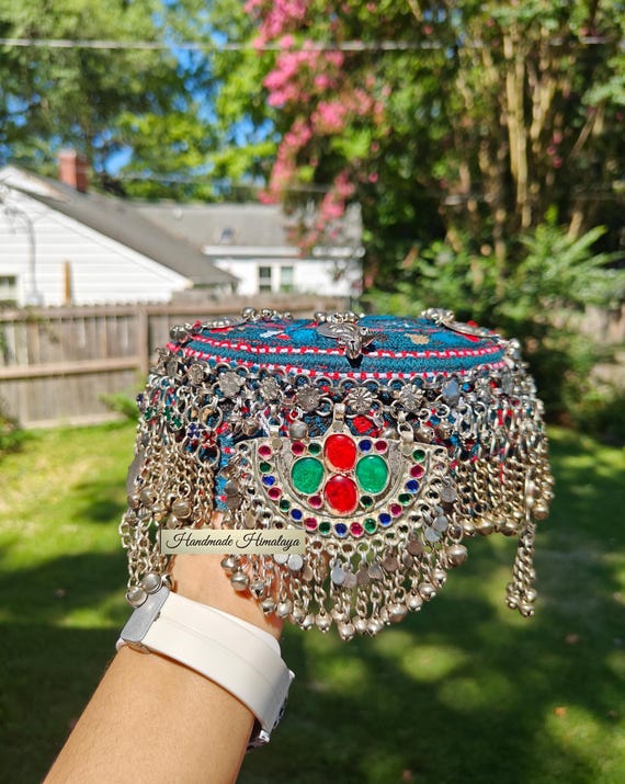 Afghan Halima Sultan Cap, Women’s Embroidered Headpiece with Embellishments and Jewels for Festivals Belly Dancers