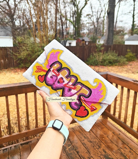 Graffiti Love Beaded Clutch | Colorful Pop Art Evening Bag | Vibrant Envelope Purse for Date Night