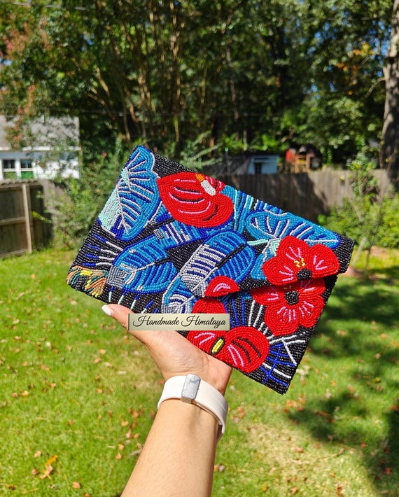 Floral Beaded Clutch: Raw Silk Crossbody Bag with Flower Embroidery