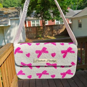 White Beaded Bag: Pink Bow Heart Purse, Coquette Y2K Style