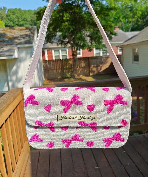 White Beaded Bag, Pink Bow Heart Shoulder Purse, Beaded Purse, Cute Girly Beadwork Bag, Gift for Her, Valentine's Bag, Coquette Bow Bag