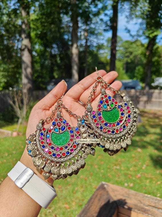 Vintage Afghan Earrings Long Oversized Silver Metal Tribal Kuchi Bell Green Dangle Jewelry