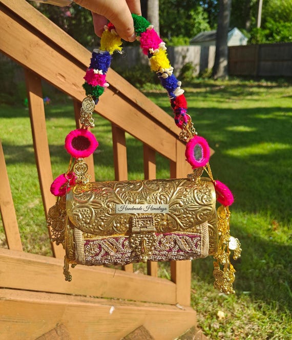Gold Brass Potli, Golden Brass Clutch, Banjara Purse, Indian Metal Bag, Crossbody Metal Purse, Gold Clutch, Party Evening Bag, Festive Purse