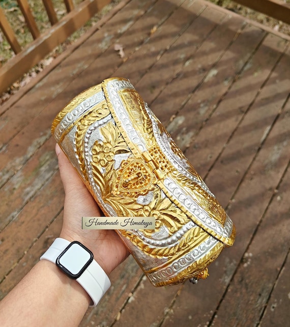 Dual Tone Brass Clutch Metal Dholki Purse in Gold Silver Antique Style with Crossbody Strap