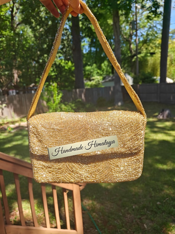 Gold Beaded Bag, Beaded Shoulder Bag, Wedding Gold Bag, Beaded Purse, Gold Purse, Bride Bag, Beaded Handbag, Party Evening Bag, Gift for Her