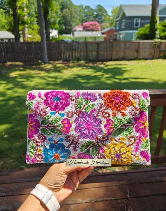Colorful Beaded Clutch, Beaded Purse, Spring Floral Purse, Flower Bead Bag, Crossbody Bag, Prom Purse, Evening Bag, Gift for Her, Summer Bag
