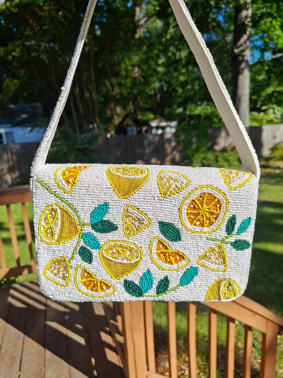 Lemon Beaded Bag, Beaded Shoulder Bag, Citrus Fruit Bag, White Beaded Bag, Beaded Purse, Party Bag, Evening Clutch, Prom Purse, Summer Bag
