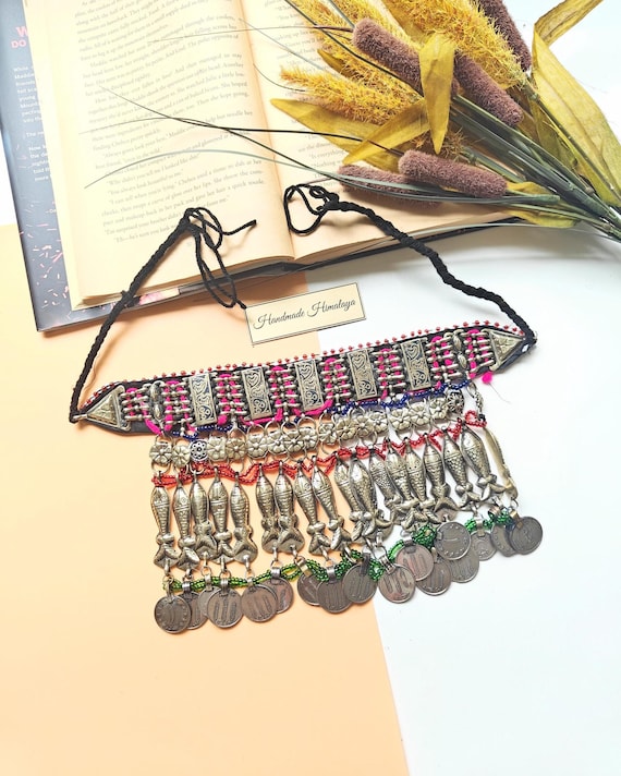 Vintage Afghan Hazara Fish Necklace, Tribal Kuchi Coin Jewelry, Boho Choker, Ethnic Statement Necklace, Festival Gypsy Jewelry
