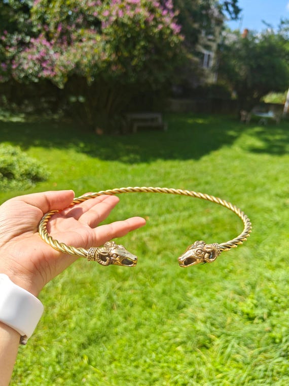 Celtic Ram Head Torc | Brass Twisted Wire Choker | Viking Cosplay Hasli Jewelry
