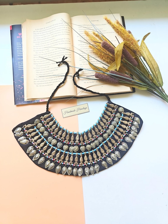 Vintage Afghan Jewelry Kuchi Fabric Necklace Gypsy Tribal Ethnic Collar Statement
