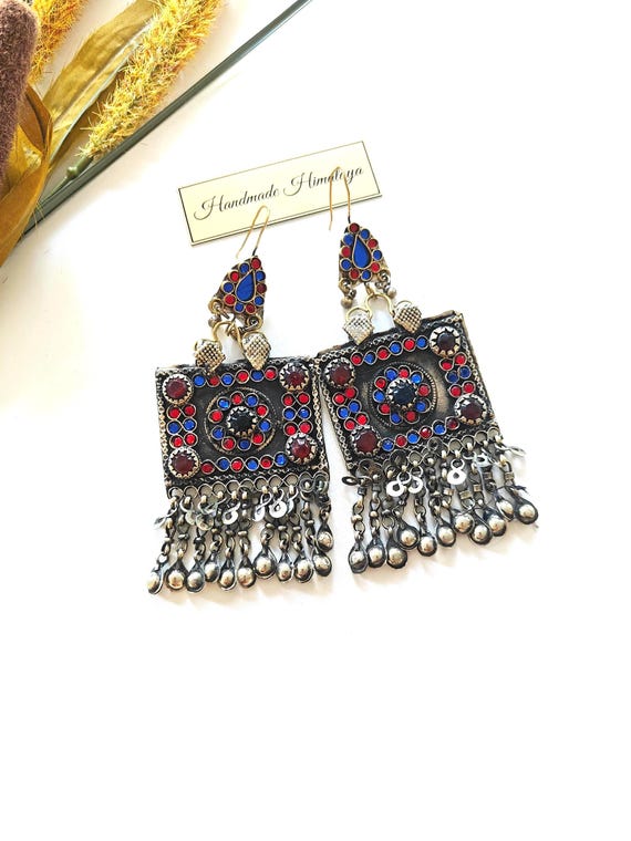 Vintage Afghan Kuchi Earrings, Tribal Boho Statement Jewelry