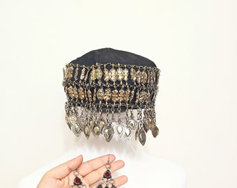 Vintage Afghan Embellished Cap, Vintage Afghan Dangle Earrings, Vintage Jewelry Set, Afghan Cap Earrings, Eid Gift For her, Vintage Treasure