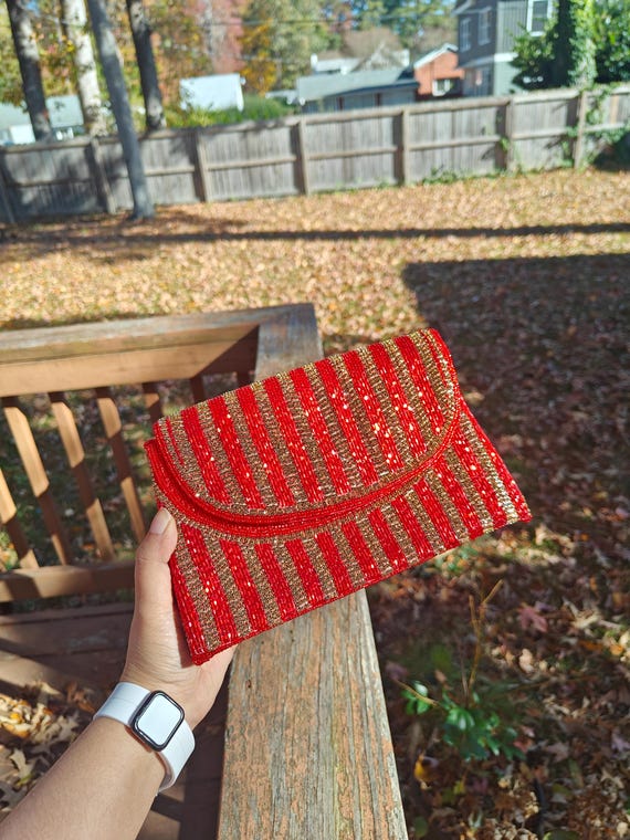Red Gold Beaded Clutch Purse Striped Evening Bag, Party Envelope Handbag