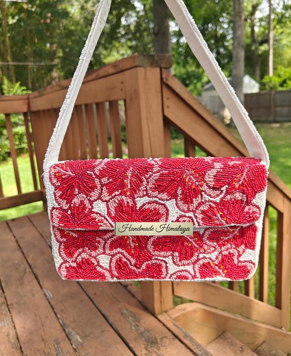 Red Hibiscus Bag, Beaded Bag, Beaded Shoulder Bag, Handmade Himalaya Bag, Beaded Handbag, Top Handle Bag, Gift for Her, Summer Floral Bag