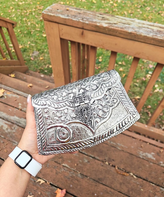 Silver Brass Clutch: Floral Engraved Indian Wedding Metal Bag Purse Crossbody