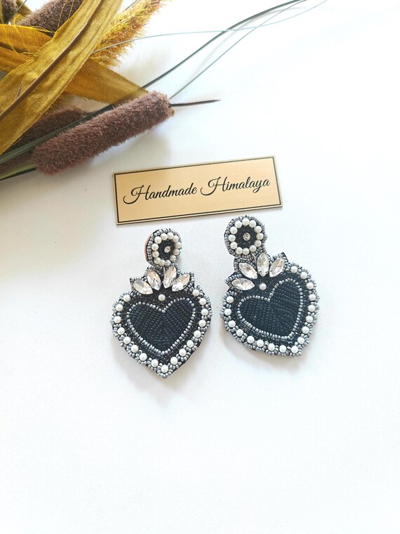 Black Heart Gothic Bridal Earrings | Pearl Crystal Statement Jewelry