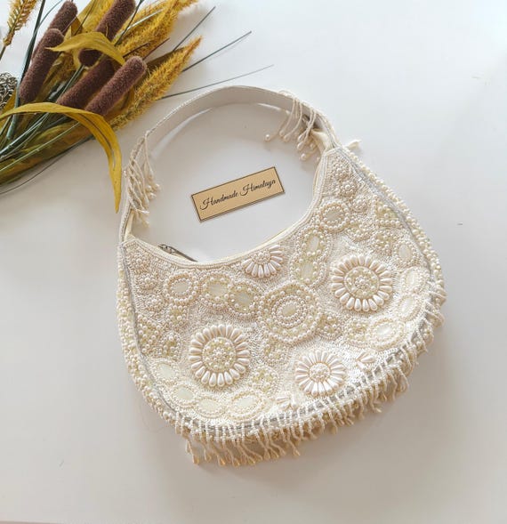 Ivory Pearl Beaded Crescent Handbag | White Floral Fringe Evening Bag | Boho Chic Bridal Design