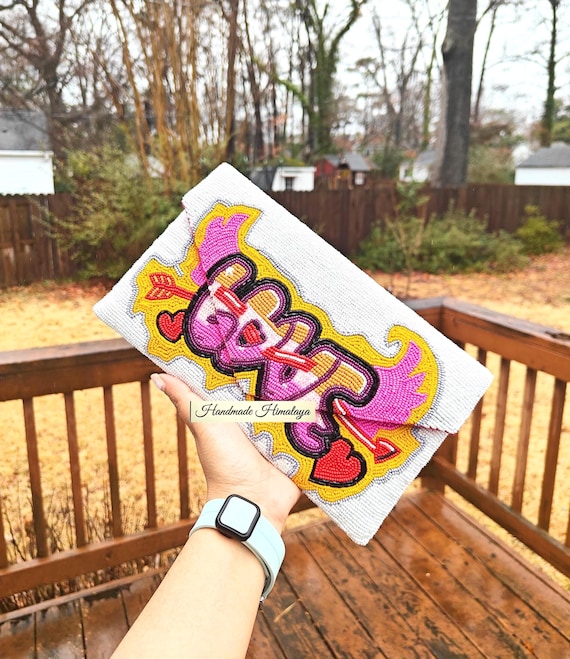 Graffiti Love Beaded Clutch | Colorful Pop Art Evening Bag | Vibrant Envelope Purse for Date Night