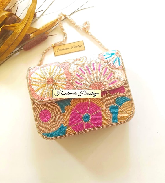 Rose Gold Beaded Clutch | Pastel Floral Sequin Embroidered Bridal Wedding Evening Purse