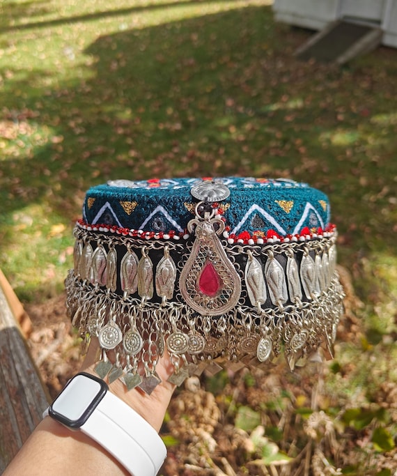Embroidered Afghan Mathapati Cap: Halima Sultan Style Jewel Embellished Hat