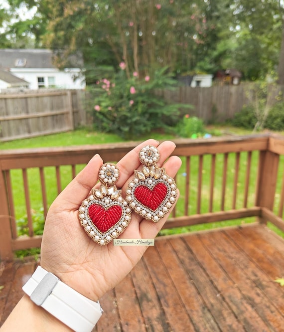 Red Beaded Earrings, Valentine's Day Earrings, Statement Beaded Earrings, Seed Bead Earrings,Red Gold Heart Beaded Earrings, Gift for Her