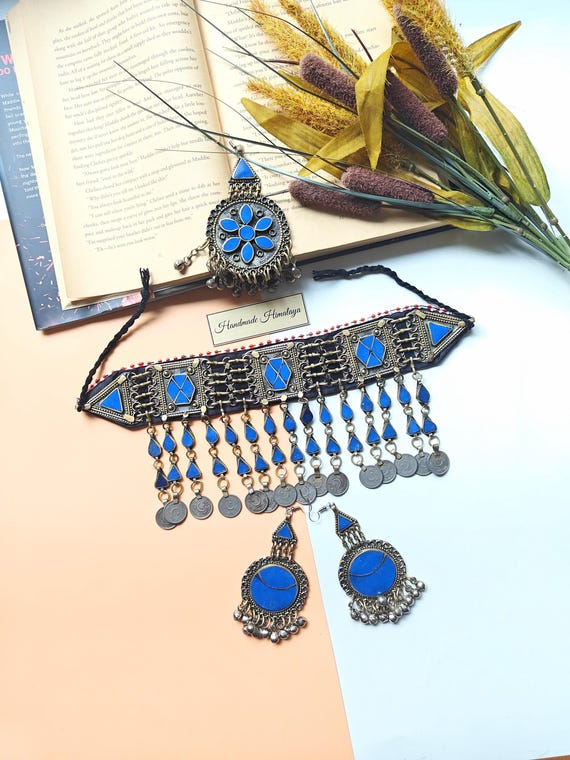 Vintage Lapis Lazuli Afghan Choker: Tribal Kuchi Necklace & Earrings