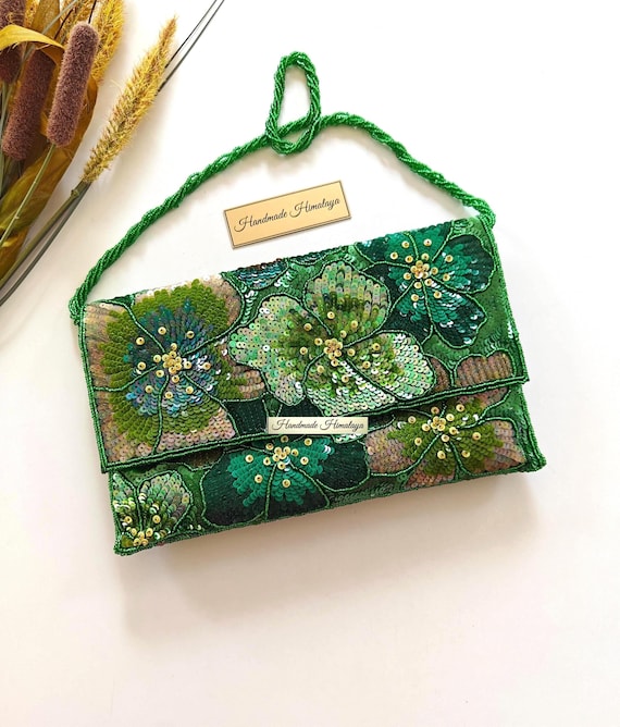 Emerald Green Floral Clutch | Sequin Wedding Beaded Bridal Evening Purse