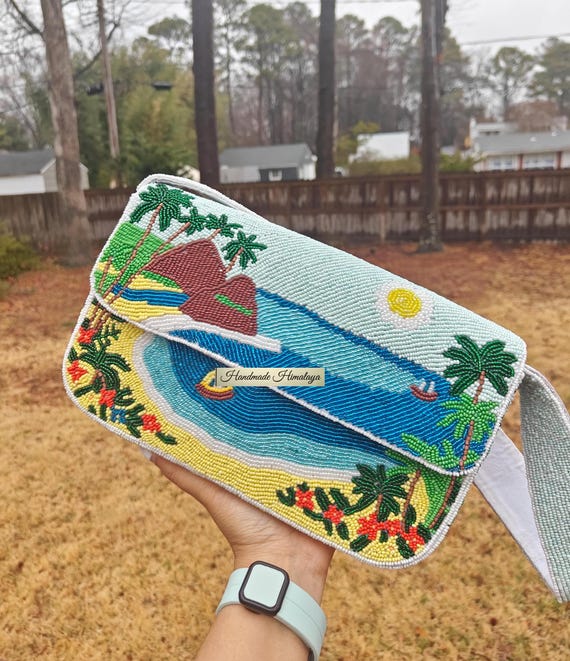 Hawaii Beaded Bag, Tropical Beach Scene Purse, Palm Tree Ocean Handbag, Handmade Vacation Handbags