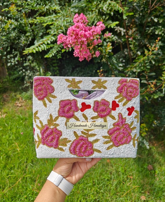 Vintage Style Pink Rose Beaded Bag, Beaded Tote Bag, Beaded Clutch Bag, Party Evening Handbag, Gift for Her, SeedBeaded Purse Bag