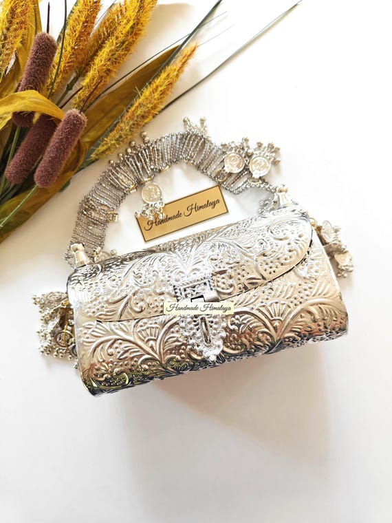 Floral Engraved Brass Clutch | Antique Vintage Style Silver Handbag with Tribal Coin Shell Fringes