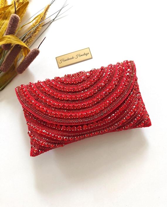 Red Crystal Evening Clutch, Beaded Wedding Guest Purse