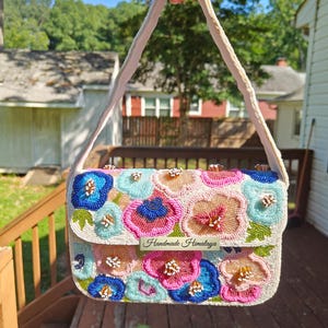 Beaded Shoulder Bag, Floral Beaded Bag, Colorful Flower Purse, Boho Seed Bead Handbag, Embroidered Spring Clutch, Gift for Her, Wedding Bag