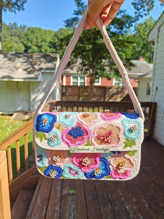 Beaded Shoulder Bag, Floral Beaded Bag, Colorful Flower Purse, Boho Seed Bead Handbag, Embroidered Spring Clutch, Gift for Her, Wedding Bag