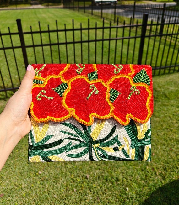 Hibiscus Beaded Clutch, Orange Floral Purse, Tropical Flower Embroidered Bag, Wedding Party Purse, Gift for Her, Crossbody Bag, Colorful Bag