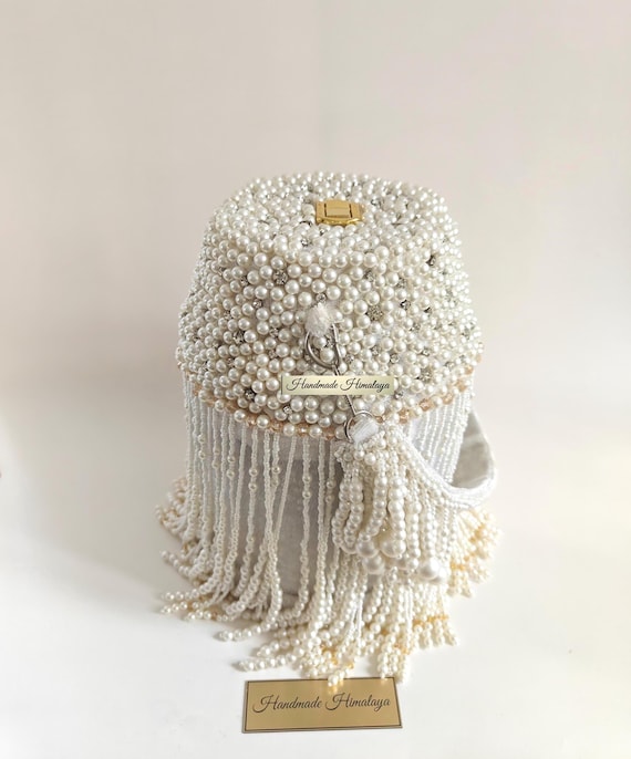 White Pearl Bucket Bag | Luxury Beaded Fringe Bridal Clutch | Wedding Gala Statement Purse