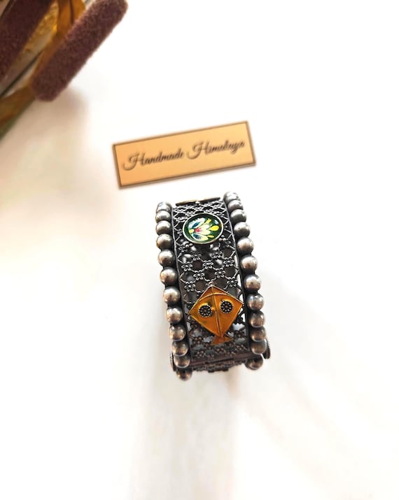 Vintage Tribal Cuff Bracelet | Silver Brass Enamel Boho Ethnic Statement Bangle