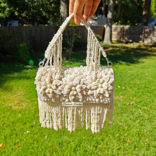 Floral Beaded Bridal Purse | White Pearl Fringe Tassel Bag | 3D