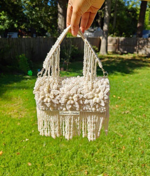 Bridal Bag, White Floral Faux Pearl Beaded 3D Embroidered Bridal Wedding Handbags, Bridesmaid Gift, Purse Clutch, Wristlet with Fringes