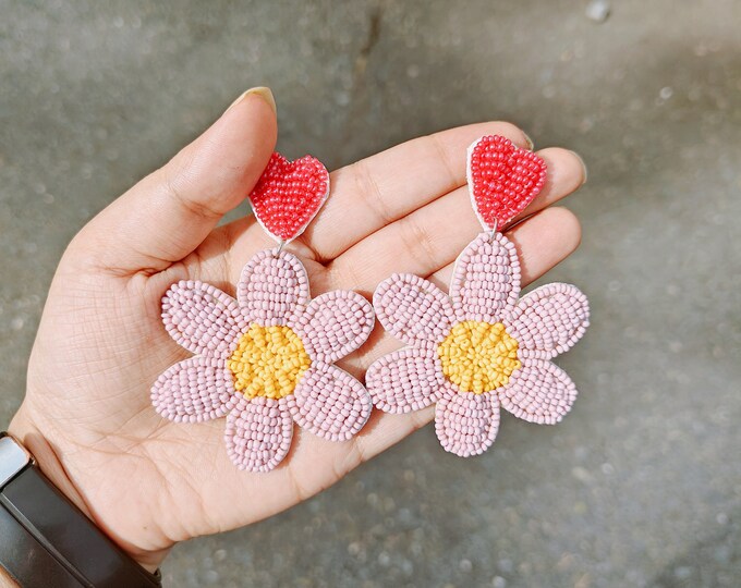 Pink Flower Earrings Pink Beaded Earrings Flower Beaded Etsy
