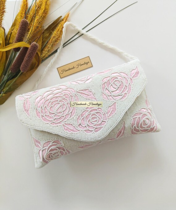 Pink Rose Beaded Clutch | White Floral Seed Bead Bridal Bag | Evening Wedding Crossbody Purse