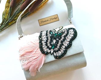 Mint Grüner Schmetterling Bestickte Wildleder Clutch, Pastell Abend Geldbörse, Hochzeit Gast Handtasche