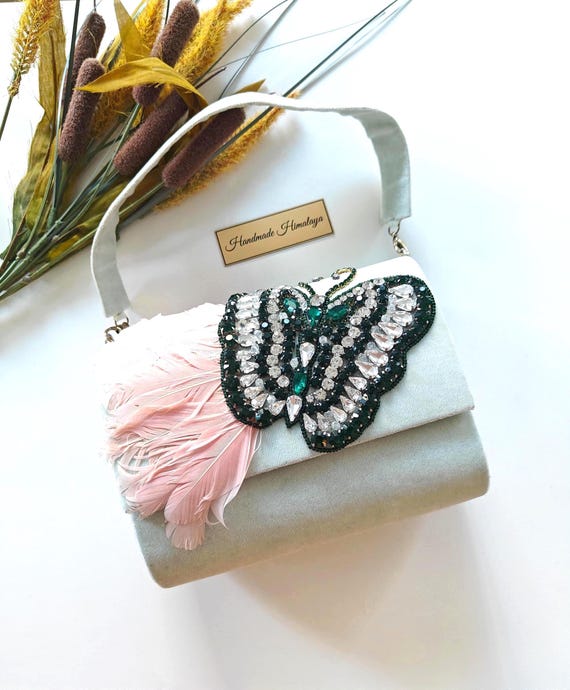 Mint Green Butterfly Embroidered Suede Clutch, Pastel Evening Purse, Wedding Guest Handbag
