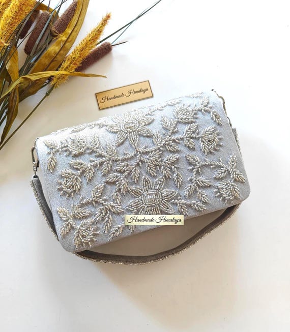 Silver Floral Beaded Clutch | Pale Gray Velvet Wedding Bag