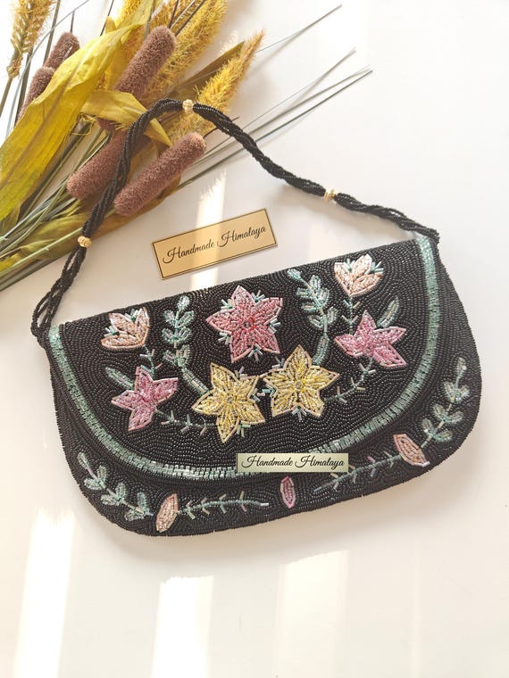 Black Floral Beaded Clutch | Pink Yellow Flower Evening Bag | Hand Embroidered Wedding  Party Purse