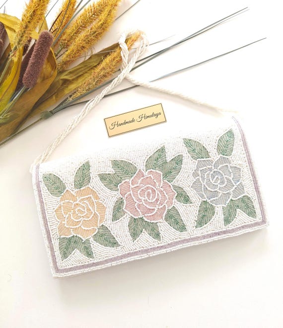 White Floral Beaded Bag | Pink and Gold Rose Bridal Wedding Handbag | Ivory Evening Purse