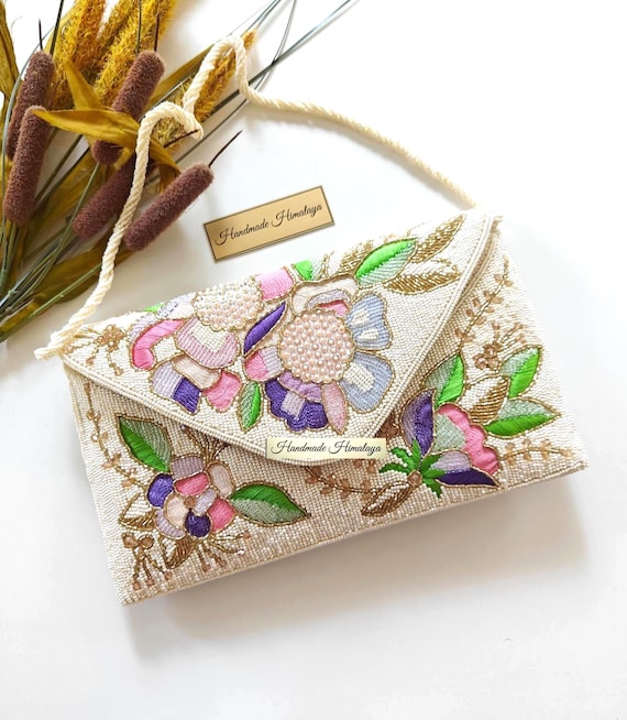 Colorful Floral Beaded Clutch Bridal Wedding Crossbody Purse