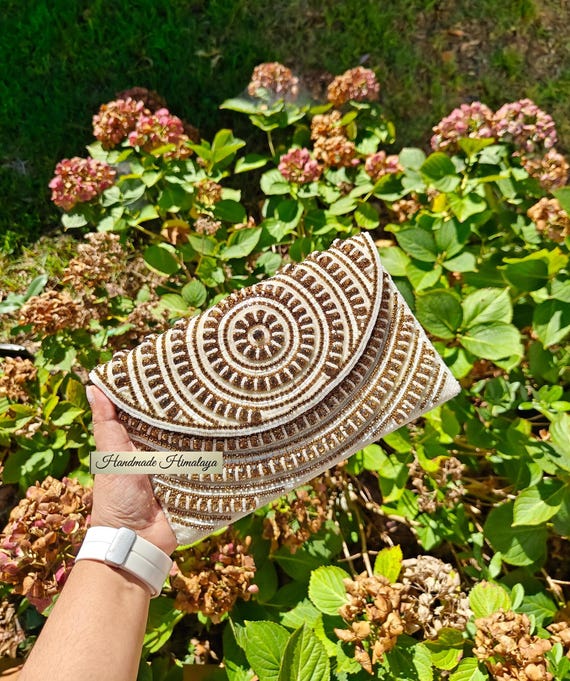 Ivory White Gold Beaded Clutch Purse with Crystal Embroidery and Strap Crossbody Wedding Bag