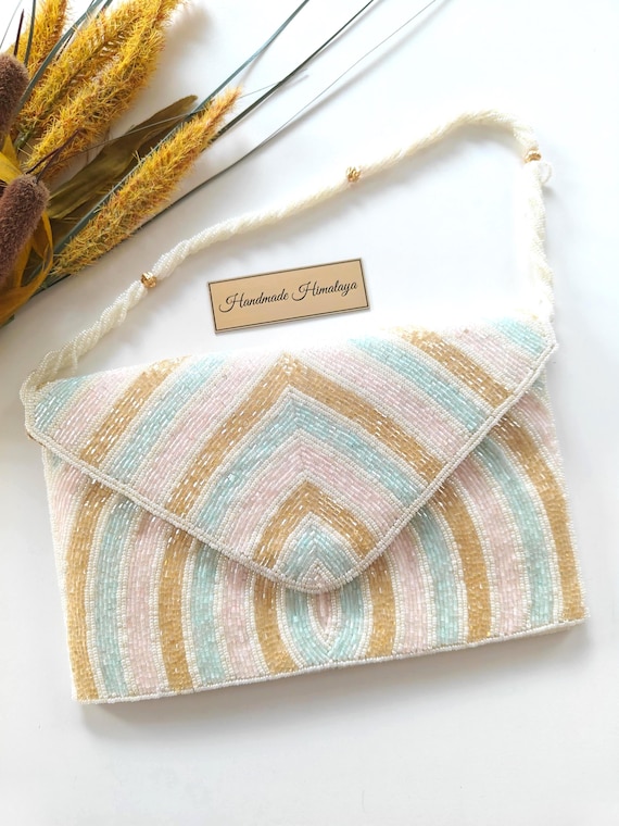 Pastel Beaded Clutch | Chevron Envelope Purse | Mint Gold Bridal Evening Bag