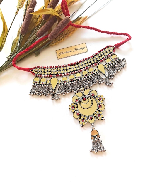 Vintage Afghan Kuchi Mirror Choker | Red Glass Tribal Necklace | Belly Dance Festival Statement Piece
